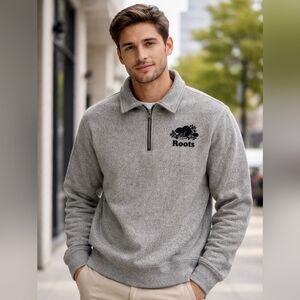NWT Classic Men’s Roots Canada salt & pepper grey 1/4 zip pullover in size Large